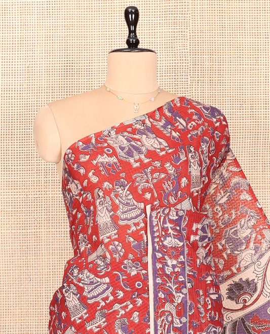 Borderless Red Kalamkari Cotton Saree Features Human Motifs Print, Contrast Ancient Human Printed Kalamkari Pallu, and a Contrast Blouse