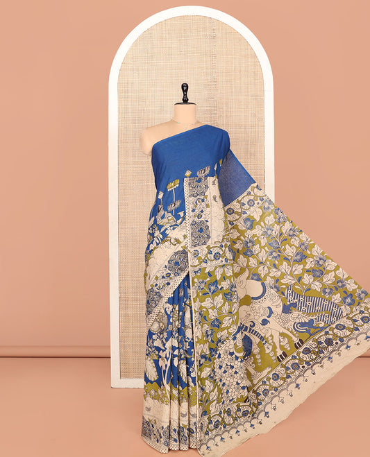 Blue Machine-Printed Kalamkari Cotton Saree Features Floral, Fauna, and Pichwai Lotus, a Contrast-Printed Border, Pallu of Lord Krishna Motifs, and a Contrast Blouse