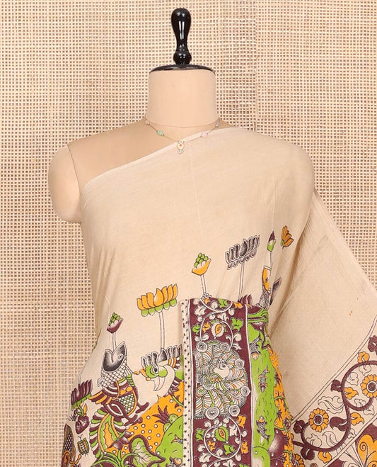 Sandal Machine-Printed Kalamkari Cotton Saree Features Flora-Fauna Motifs, a Contrast Peacock Border, Kalamkari Printed Pallu, and a Matching Blouse