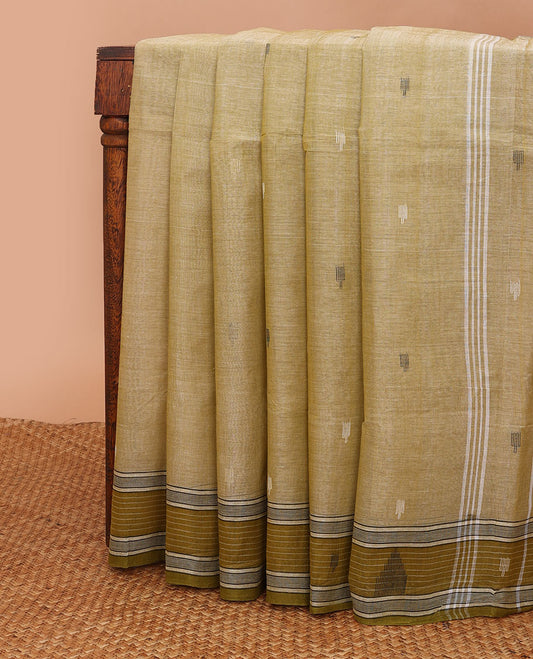 Pastel green buttas Bengal cotton saree, contrast temple border & pallu of stripes & buttas