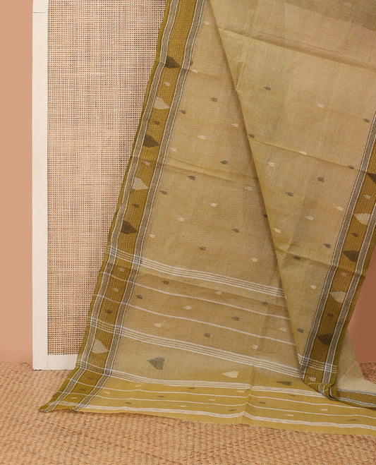 Pastel green buttas Bengal cotton saree, contrast temple border & pallu of stripes & buttas