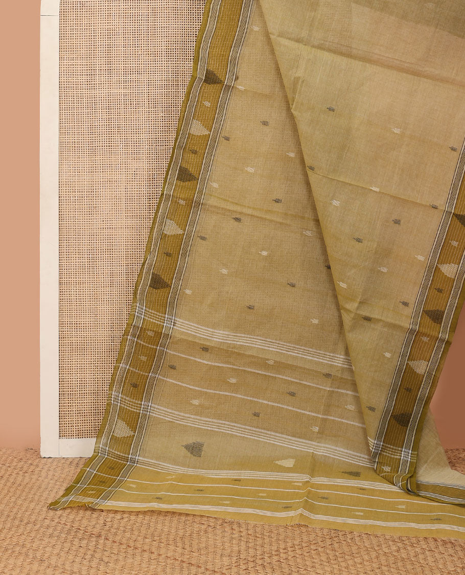 Pastel green buttas Bengal cotton saree, contrast temple border & pallu of stripes & buttas