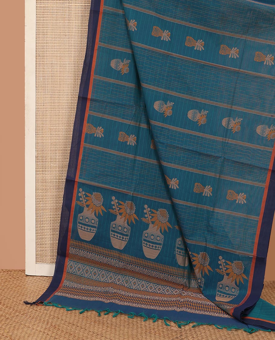 Blue stripes, and floral pot motifs Kanchi cotton saree, contrast plain border, and pallu of floral motifs, and geometric patterns