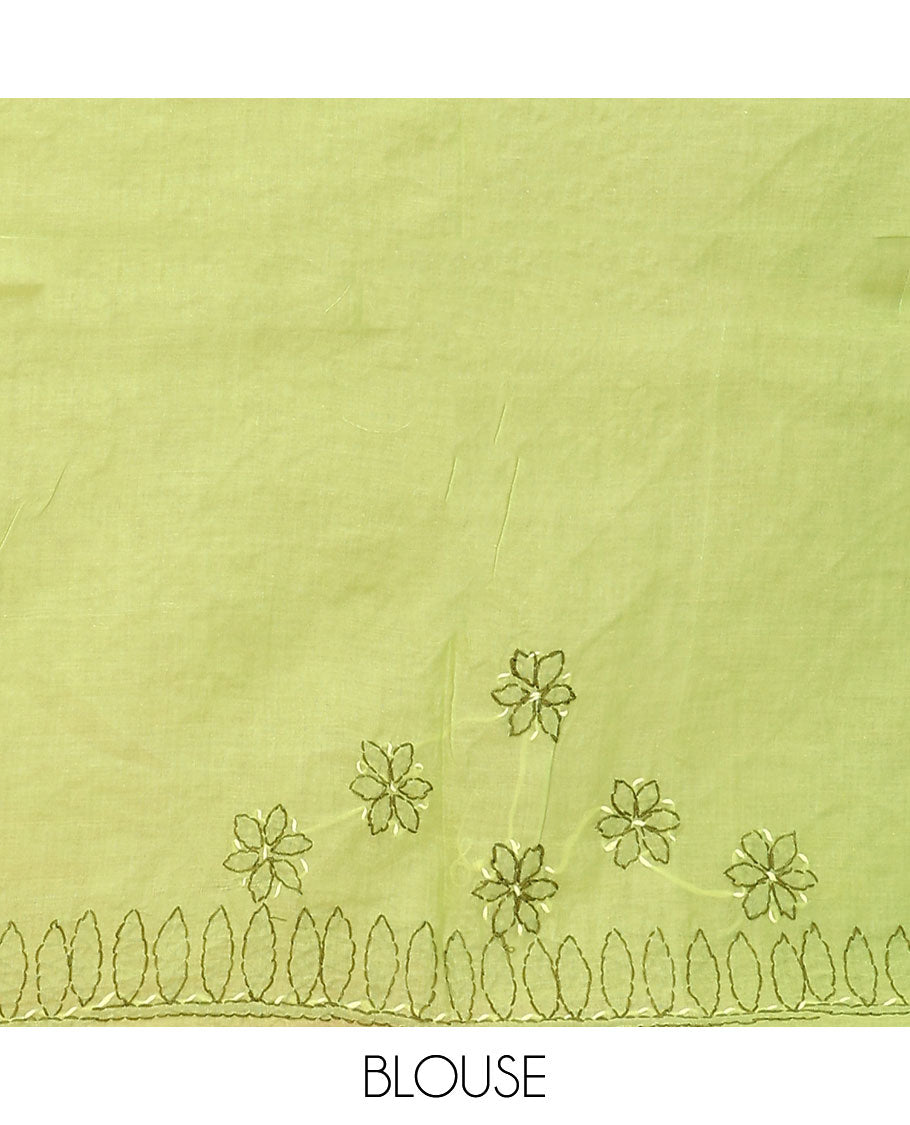 Green flowers thread embroidered Lucknowi chikankari saree, ogee patterned border, and floral embroidered pallu