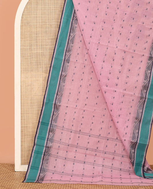 Peach Bengal Cotton Saree, Subtly Sparkled with Buttas, Contrast Floral Creeper Border, Striped Pallu, and No Blouse