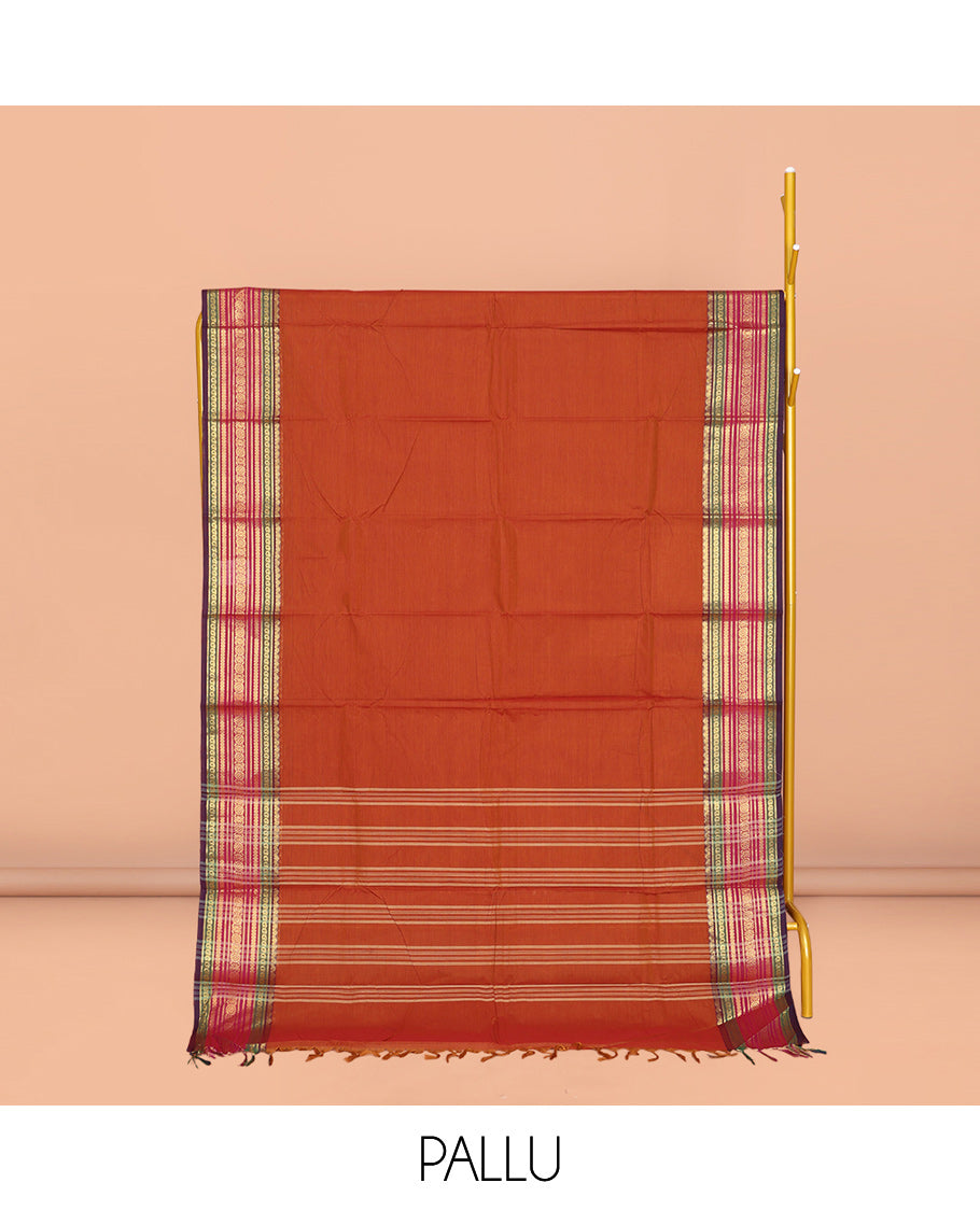Rust Plain Chettinad Cotton Saree, Complemented by a Contrast Traditional Zari Design Border, Pallu of Stripes, and Paired with a Matching Blouse