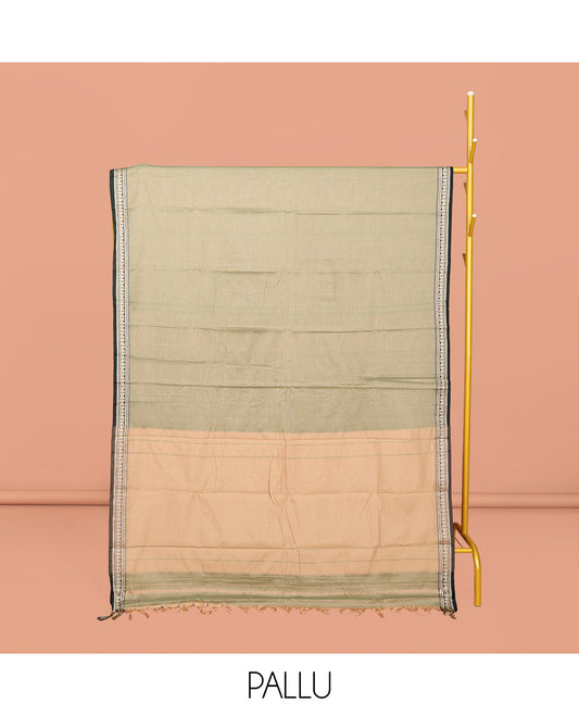 Pale Green Plain Narayanpet Cotton Saree, Complemented by Contrast Traditional Design Border, Plain Pallu, and Comes Without a Blouse