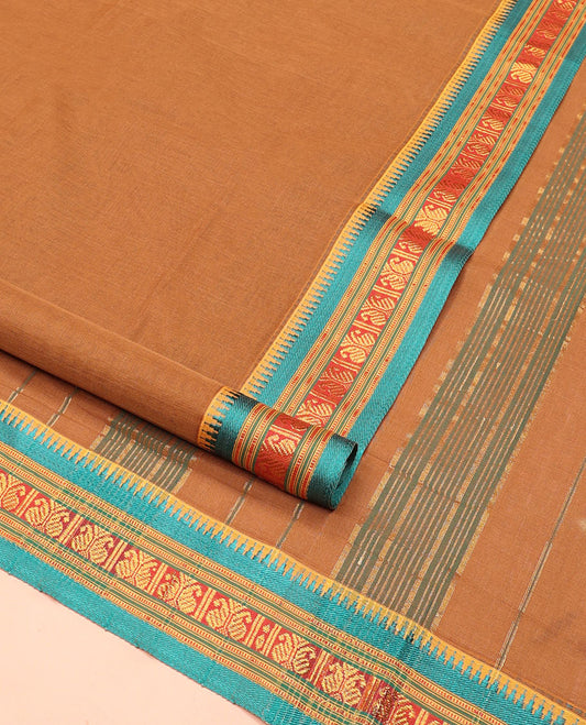 Pale Brown Plain Nine-Yard Cotton Saree, Complemented by a Contrast Traditional Design Border, Striped Pallu, and Comes Without a Blouse