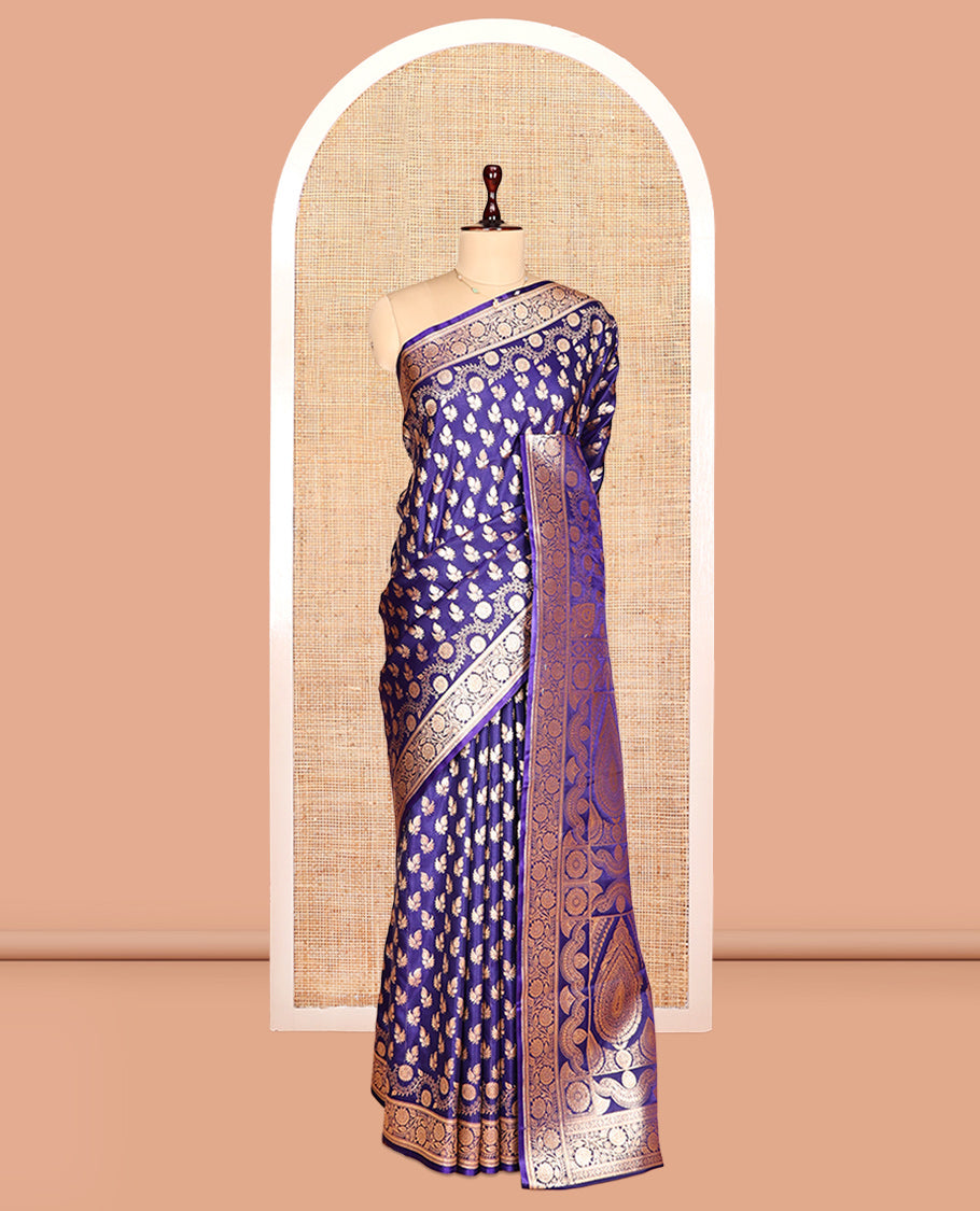 Blue Semi-Banarasi Saree, Spotlighted with Zari Buttas, a Floral Creeper Border, Rich Pallu, Matching Blouse
