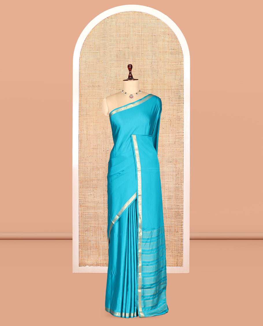 Rama Blue Plain Semi-Mysore Saree, a Zari Elephant-Peacock Butta Border, Striped Pallu, Matching Blouse