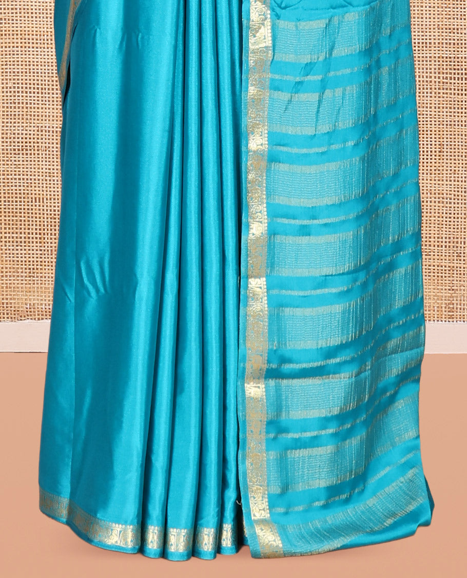 Rama Blue Plain Semi-Mysore Saree, a Zari Elephant-Peacock Butta Border, Striped Pallu, Matching Blouse
