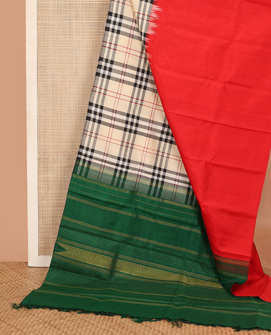 Borderless multi-color mubbagam border-style woven kanchipuram silk saree, contrast zari woven pallu