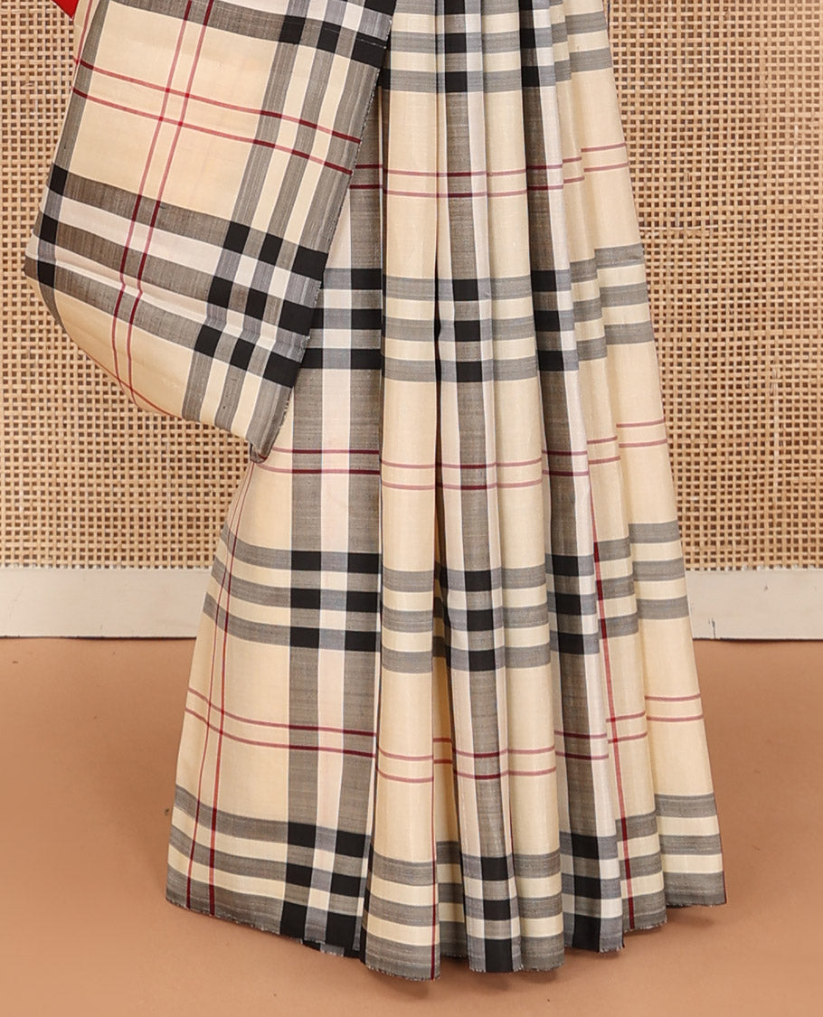 Borderless multi-color mubbagam border-style woven kanchipuram silk saree, contrast zari woven pallu