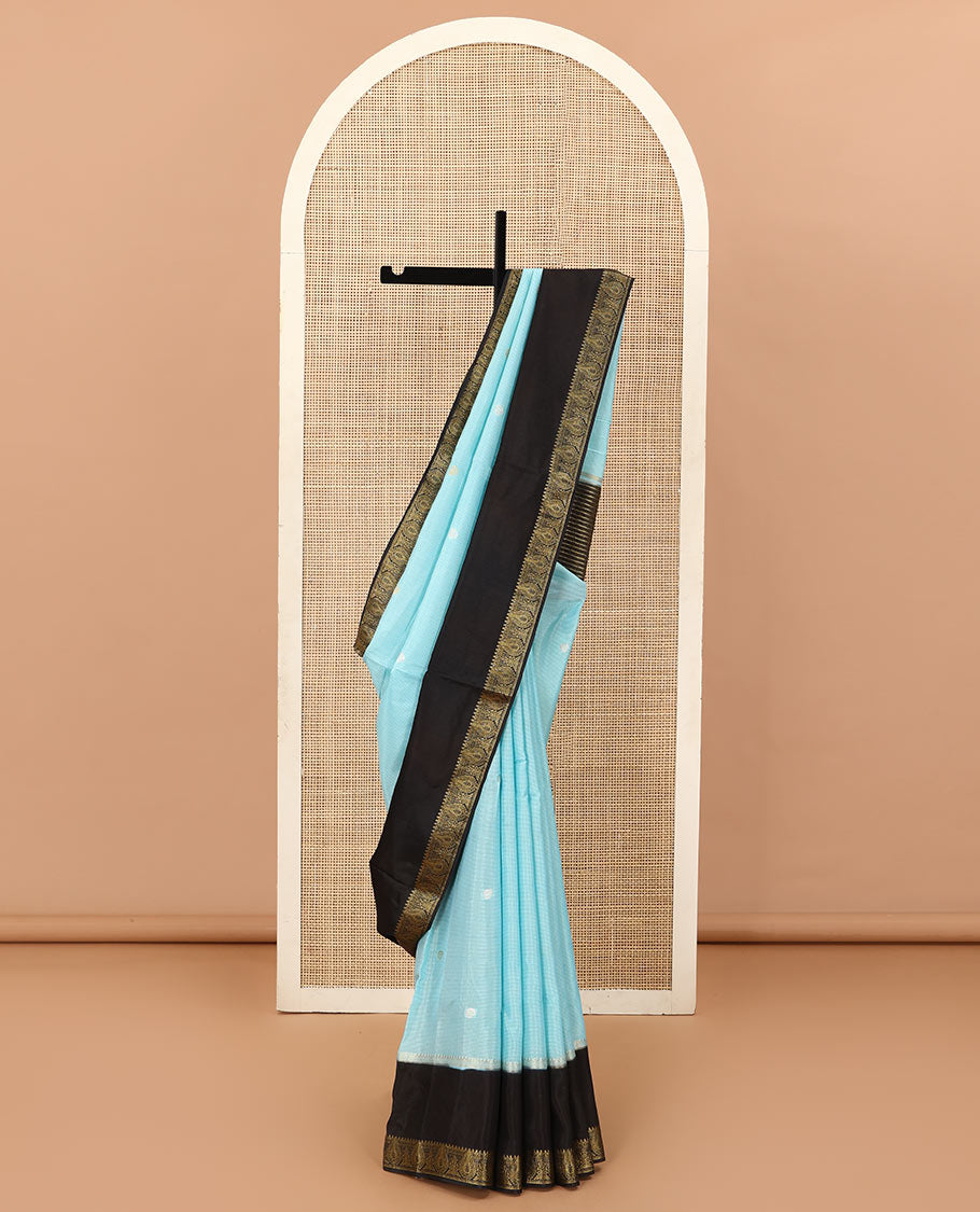 Blue buttas satin silk saree, contrast rettai pettu traditional zari border, and zari striped pallu