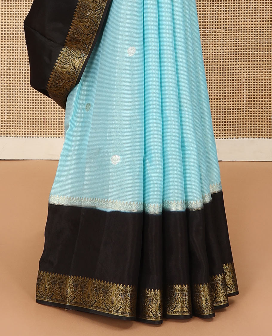 Blue buttas satin silk saree, contrast rettai pettu traditional zari border, and zari striped pallu