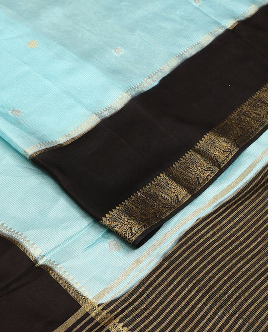 Blue buttas satin silk saree, contrast rettai pettu traditional zari border, and zari striped pallu