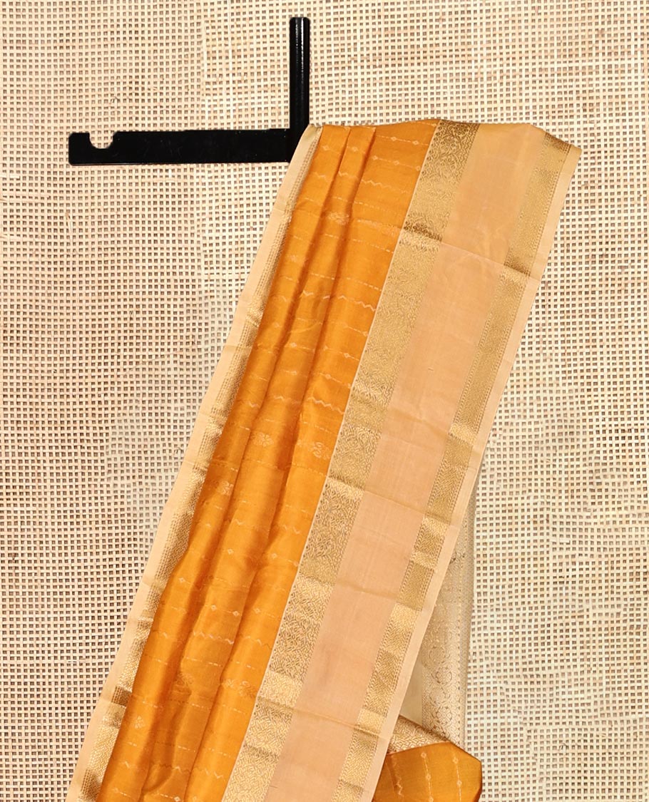 Mustard-Off-White Zari Striped Vasundhara Silk Saree, Contrast Rettai Pettu Zari Border, Jaal Pallu, a Contrast Blouse