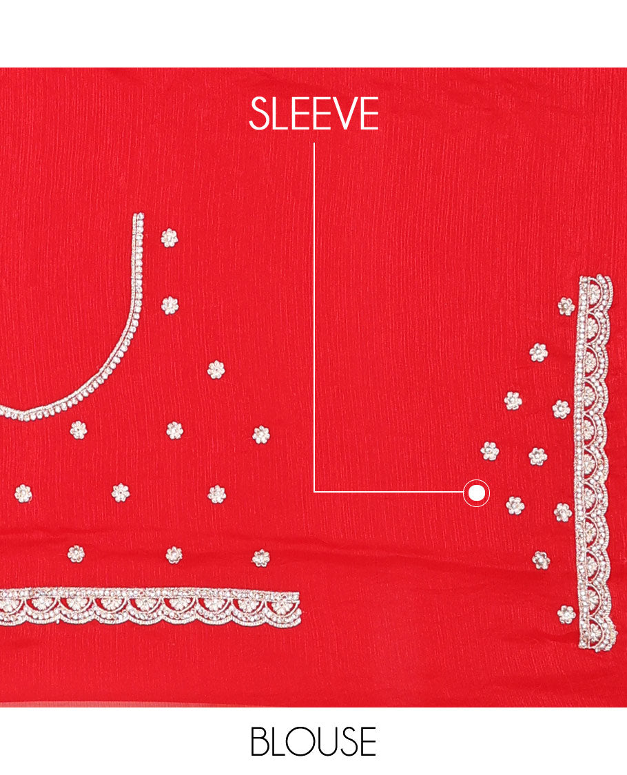Red jaal, and intricate thread embroidered designer saree, scallop intricate embroidered border