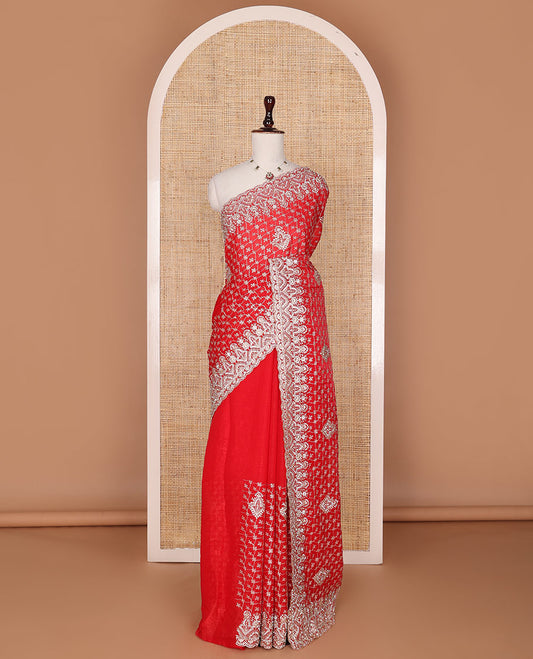 Red jaal, and intricate thread embroidered designer saree, scallop intricate embroidered border