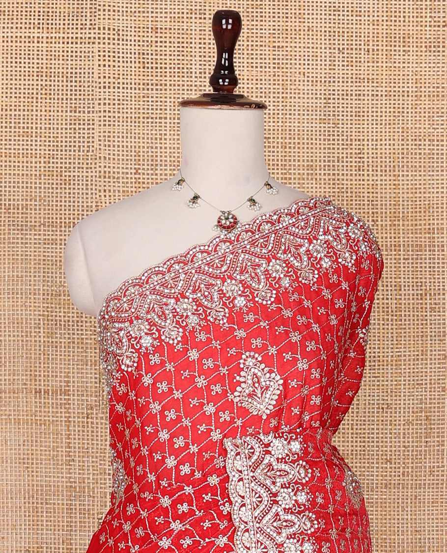 Red jaal, and intricate thread embroidered designer saree, scallop intricate embroidered border