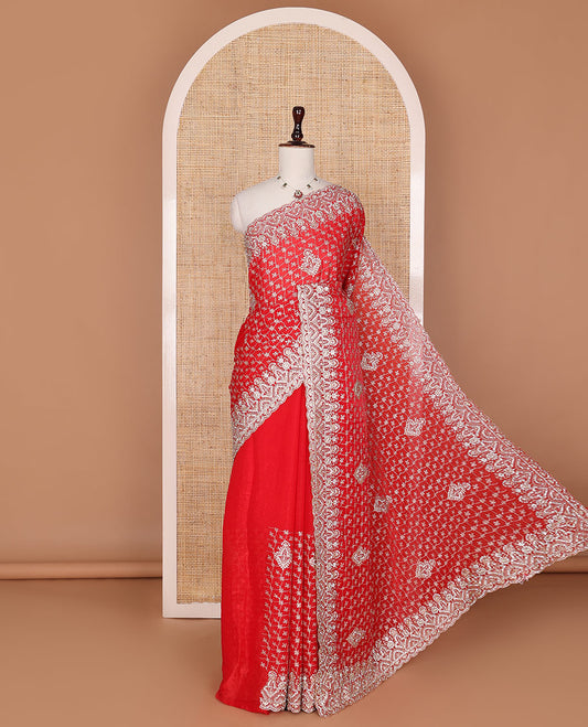 Red jaal, and intricate thread embroidered designer saree, scallop intricate embroidered border