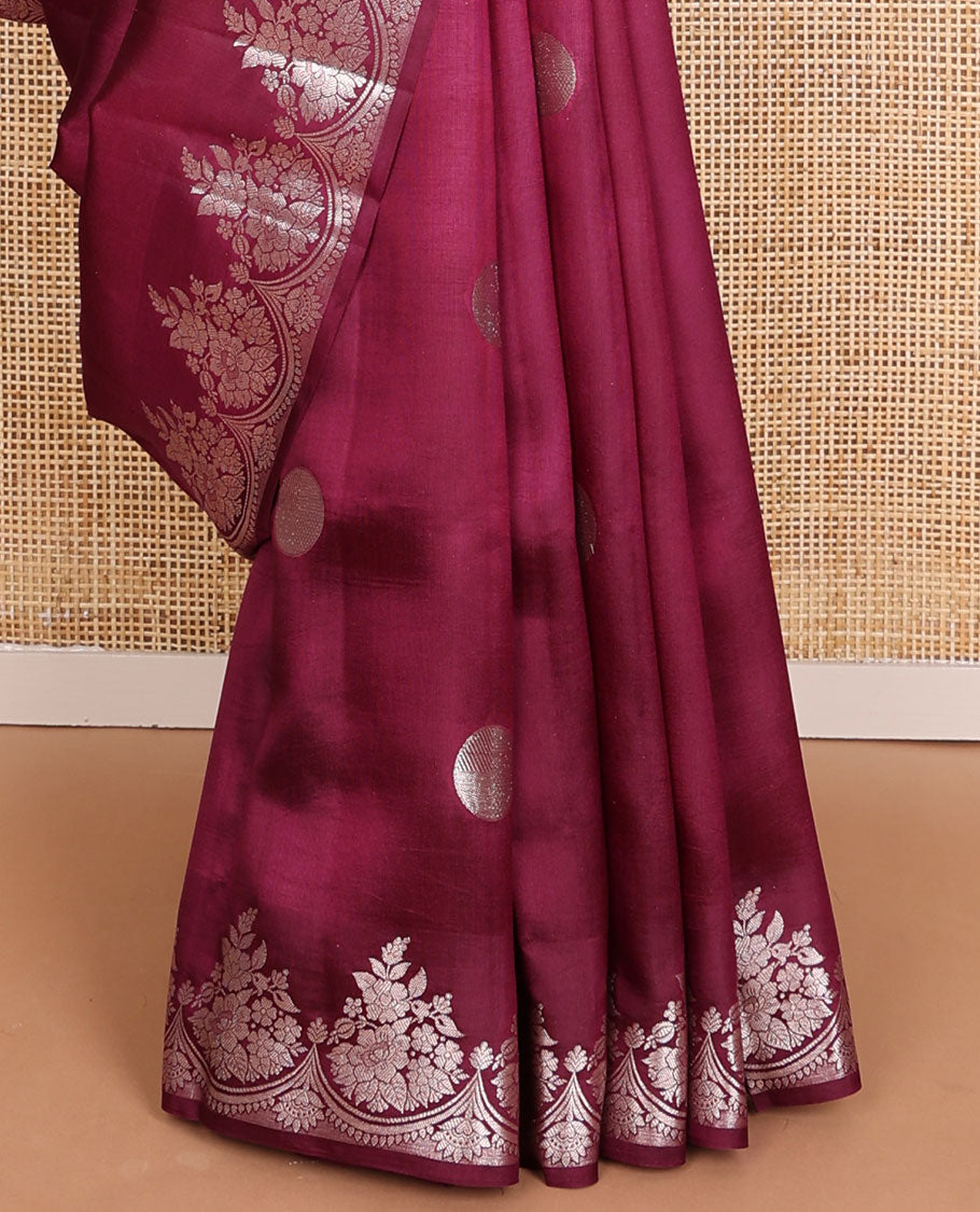 Maroon round-shaped zari buttas raw mango silk saree, zari border of scallop & floral designs & floral steeped pallu