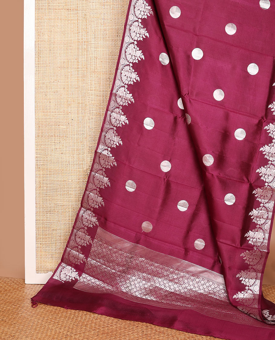 Maroon round-shaped zari buttas raw mango silk saree, zari border of scallop & floral designs & floral steeped pallu