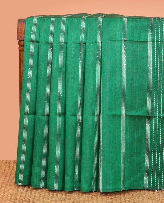 Borderless green sequins striped dupion saree, contrast sequins striped pallu