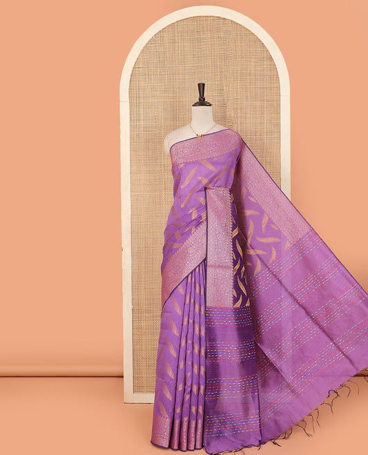 Lavender leaf buttas dupion saree, traditional border of floral creeper designs, and pallu of multi-colored thread stripes
