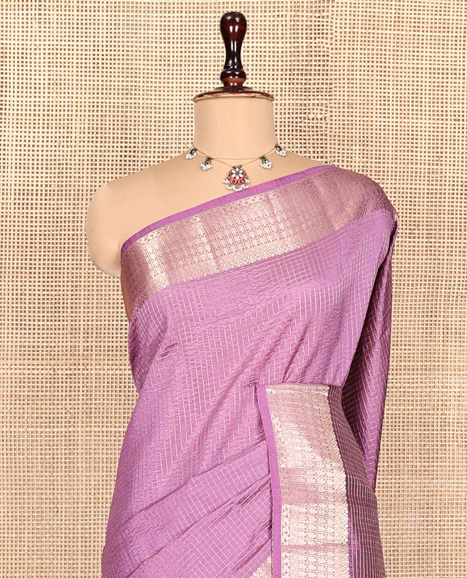 Purple Semi-Banarasi Dupion Saree, Richly Detailed with Checks, a Highlighted By Traditional Zari Border, Zari Striped Pallu, and a Matching Blouse