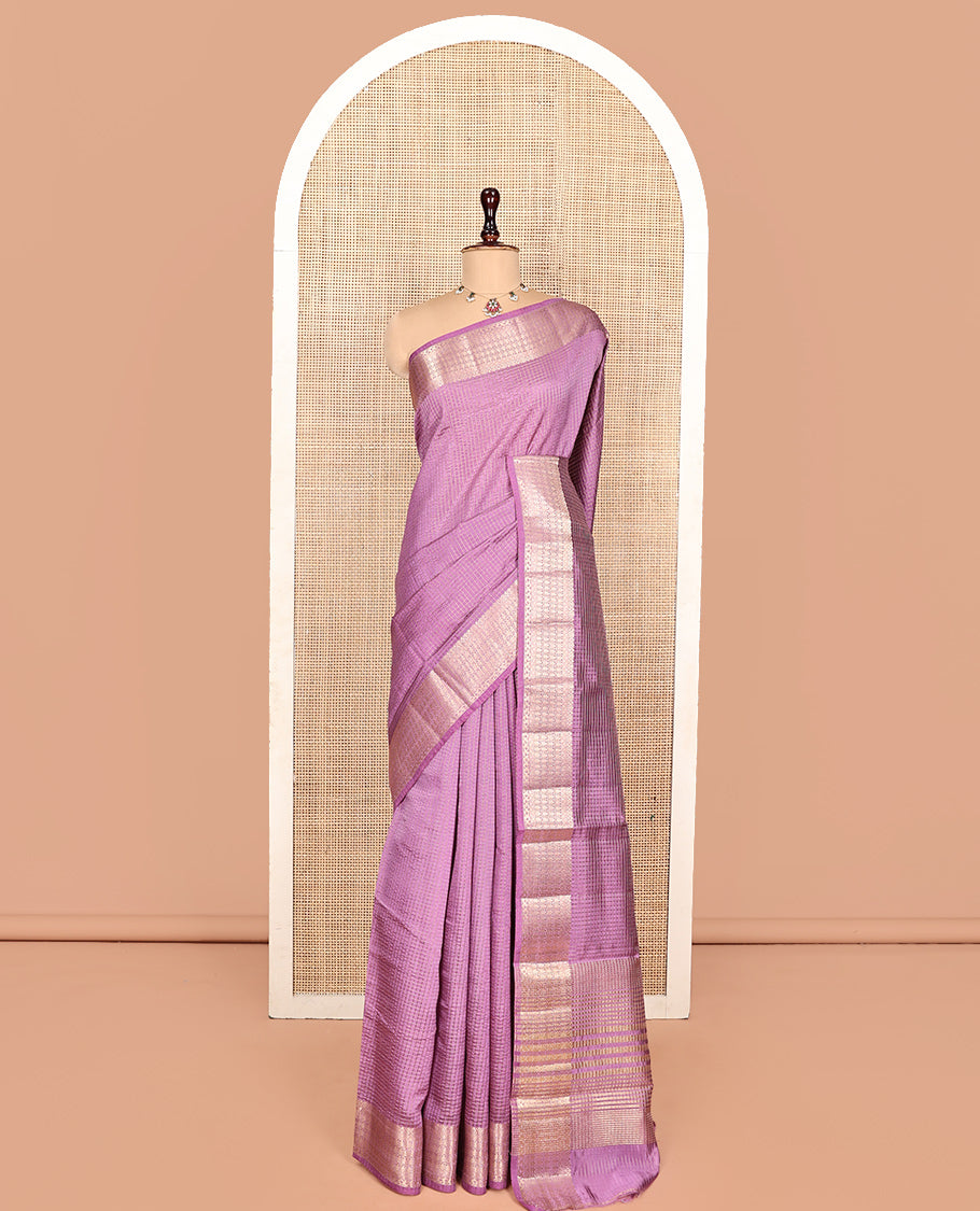 Purple Semi-Banarasi Dupion Saree, Richly Detailed with Checks, a Highlighted By Traditional Zari Border, Zari Striped Pallu, and a Matching Blouse