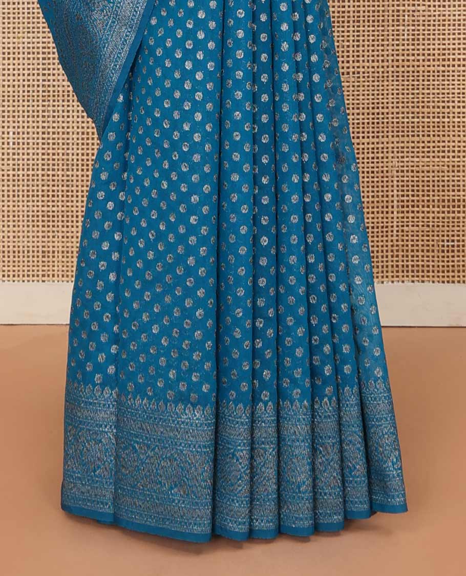 Blue zari buttas fancy saree, zari floral creeper border, and pallu steeped with intricate buttas