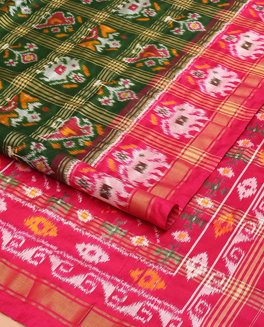 Green patola-style animal motif enclosed checked ikkat saree, contrast elephant motif border & pallu of ikkat designs