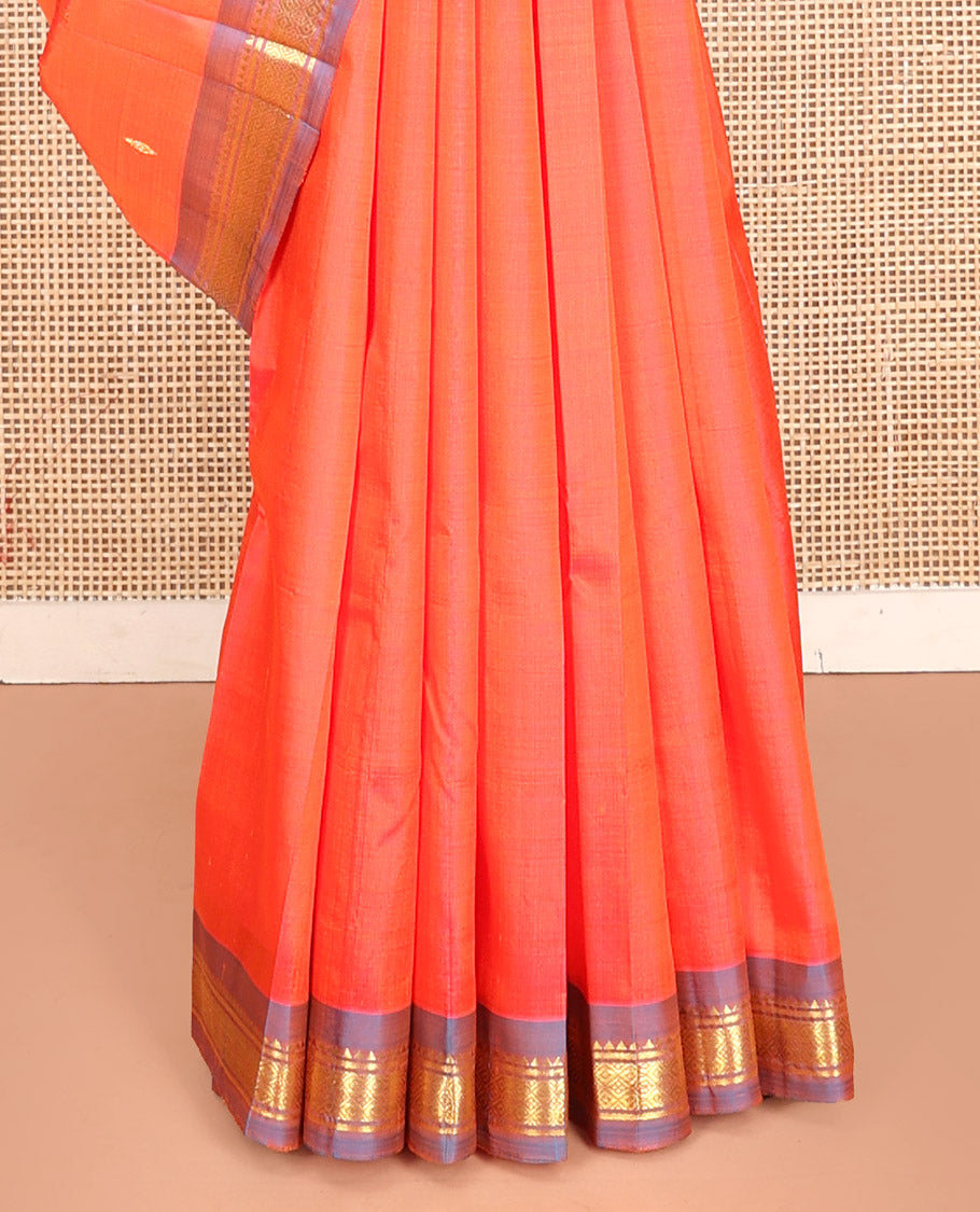 Orange Kanchipuram Silk Saree, Prettified with Zari Buttas, Contrast Border of Rekku, Banaras, and Jaal, Zari Design Pallu, and No Blouse