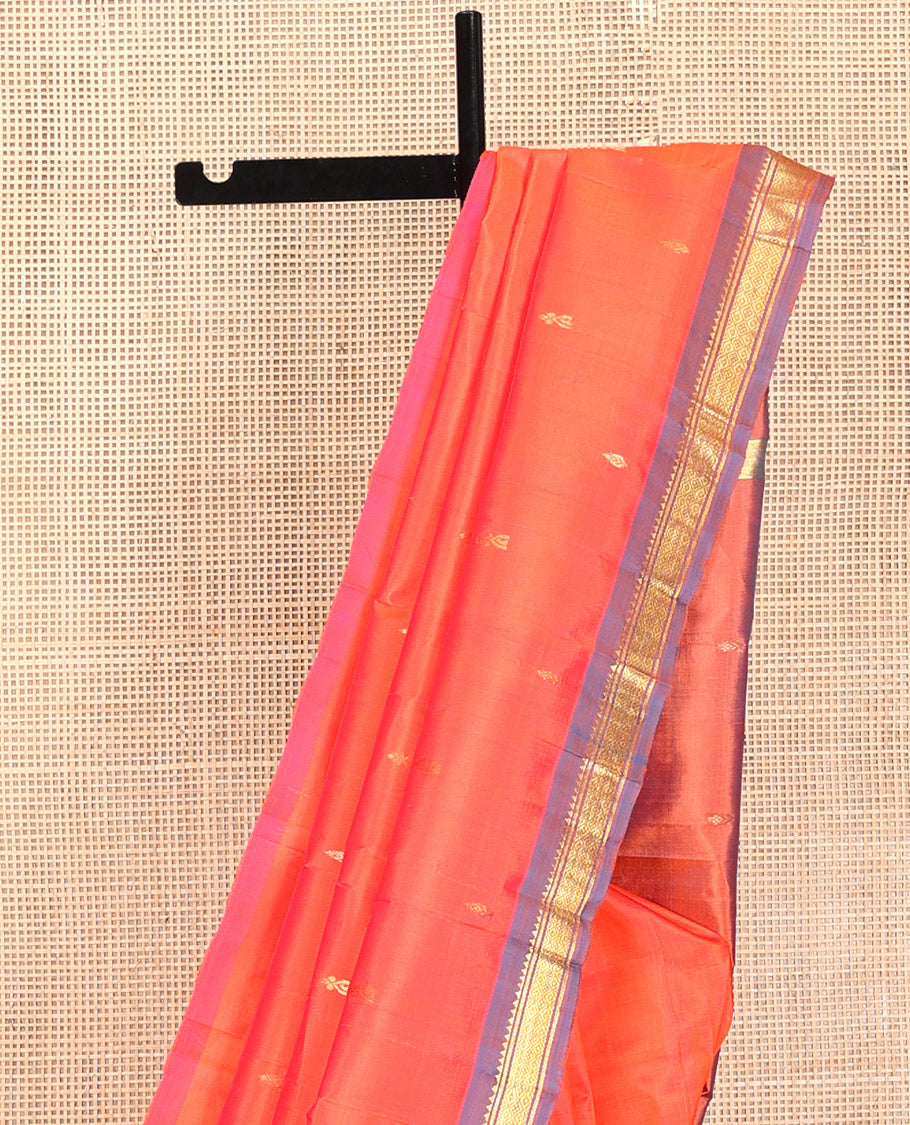Orange Kanchipuram Silk Saree, Prettified with Zari Buttas, Contrast Border of Rekku, Banaras, and Jaal, Zari Design Pallu, and No Blouse