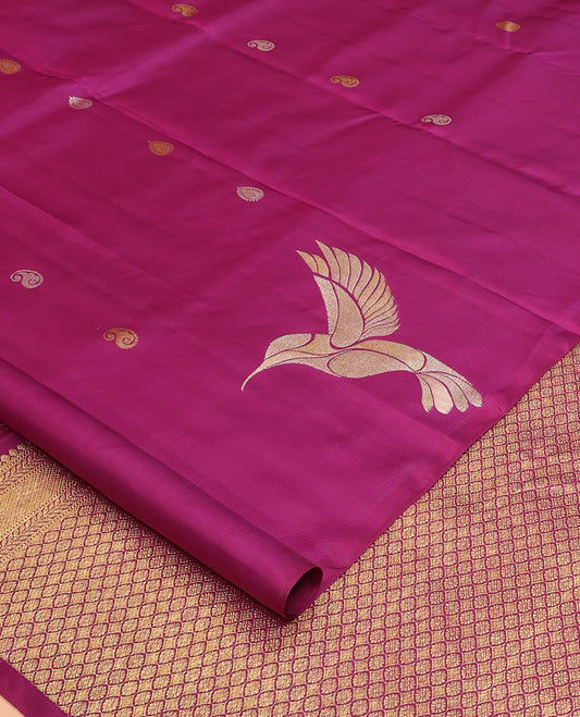 Borderless purple zari buttas Kanchipuram silk saree, self-pallu of thilakam mokku, muthu, leaf vine, and jaal designs