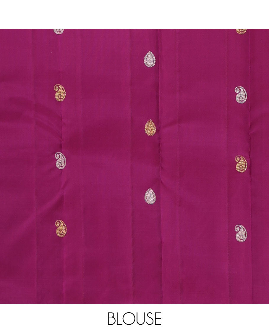 Borderless purple zari buttas Kanchipuram silk saree, self-pallu of thilakam mokku, muthu, leaf vine, and jaal designs