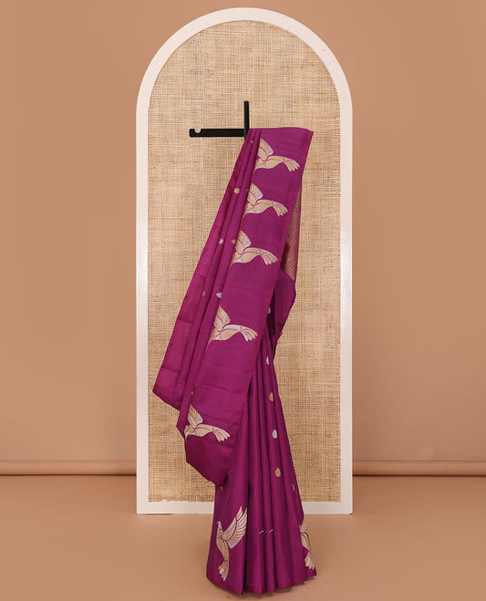 Borderless purple zari buttas Kanchipuram silk saree, self-pallu of thilakam mokku, muthu, leaf vine, and jaal designs