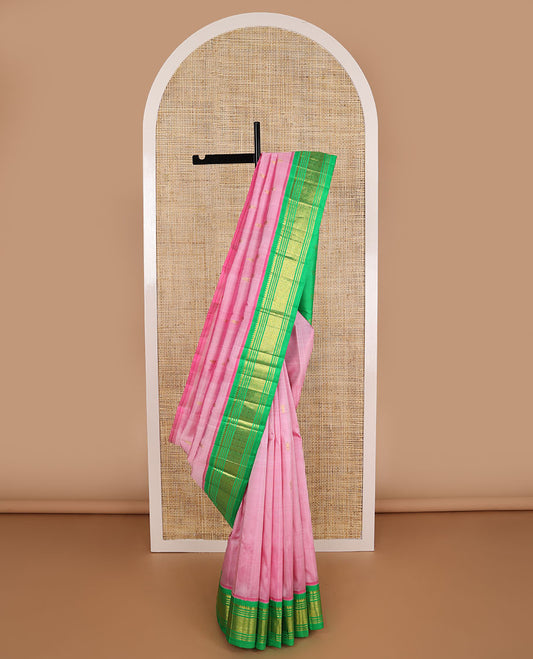 Pink buttas kancheepuram silk saree with contrast korvai border of thilakam mooku, banaras, muthu design & zari design pallu