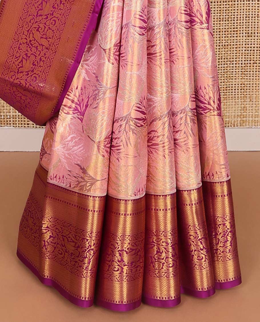 Purple floral jacquard kancheepuram silk saree with contrast zari design border & floral design pallu