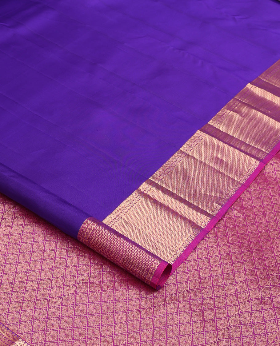 Violet plain Kanchipuram silk saree, contrast border of thilakam, banaras, kuyil kann, and rudraksham designs, and jaal pallu