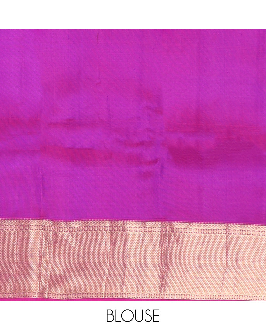 Violet plain Kanchipuram silk saree, contrast border of thilakam, banaras, kuyil kann, and rudraksham designs, and jaal pallu