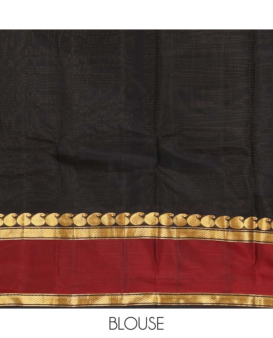 Mustard striped Kanchipuram silk saree, contrast rettai pettu border of manga and mayil kann designs, and zari striped pallu
