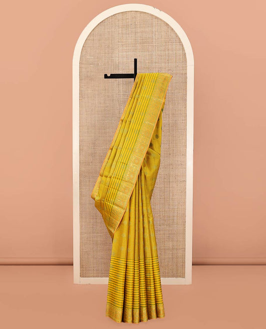Yellow Kanchipuram Designer Silk Saree, Beautifully Bedecked with Stripes and Unique Buttas All Over Its Body, Meenakari-Style, Uniquely Patterned Border, Pallu of Vanki Designs, and Paired with a Matching Blouse