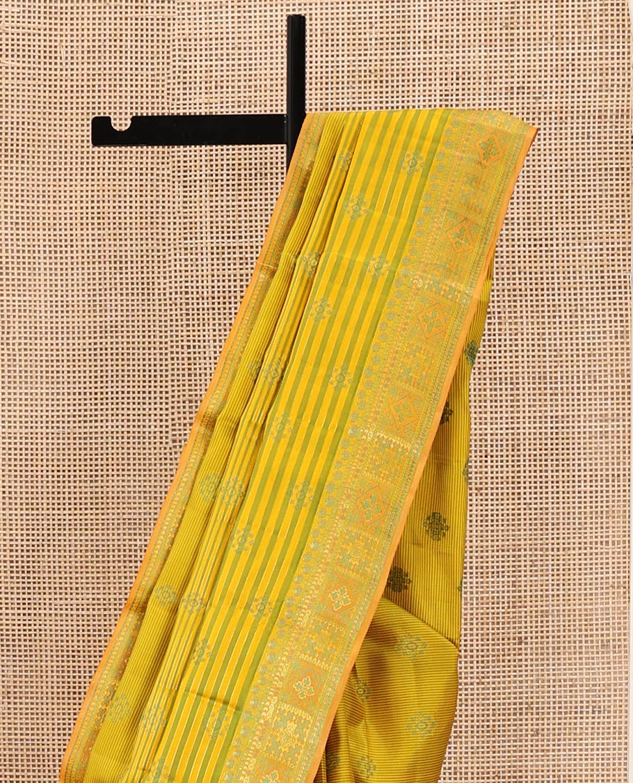 Yellow Kanchipuram Designer Silk Saree, Beautifully Bedecked with Stripes and Unique Buttas All Over Its Body, Meenakari-Style, Uniquely Patterned Border, Pallu of Vanki Designs, and Paired with a Matching Blouse