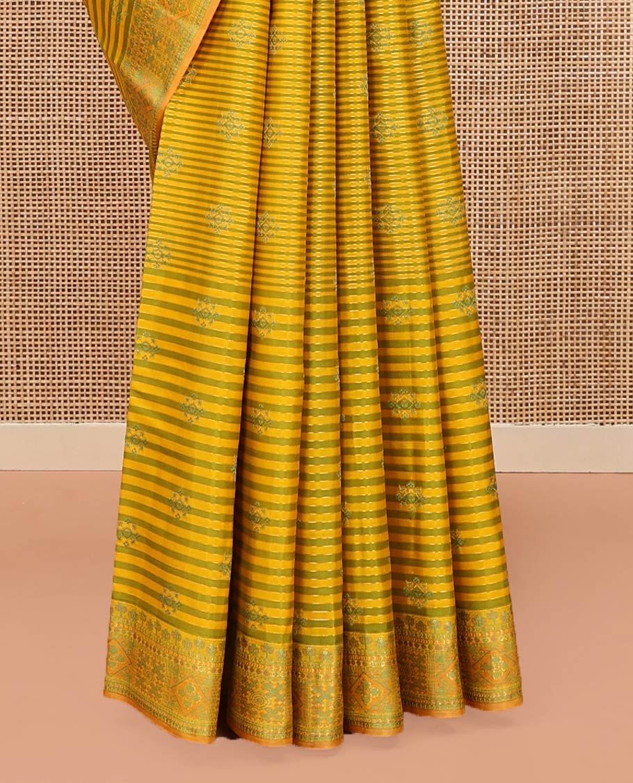 Yellow Kanchipuram Designer Silk Saree, Beautifully Bedecked with Stripes and Unique Buttas All Over Its Body, Meenakari-Style, Uniquely Patterned Border, Pallu of Vanki Designs, and Paired with a Matching Blouse