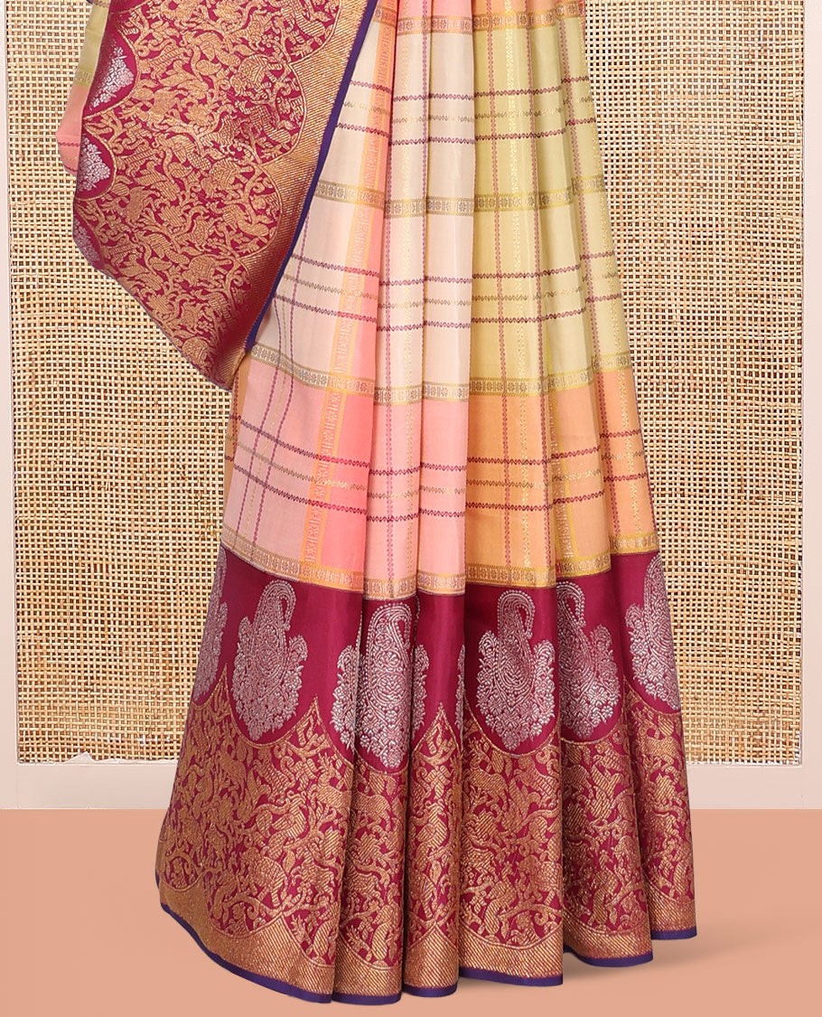Multi-Color Kanchipuram Designer Silk Saree, Majestically Detailed with Rangkat Zari Checks, Contrast Vanasingaram Border, Jaal Pallu, and a Contrast Blouse