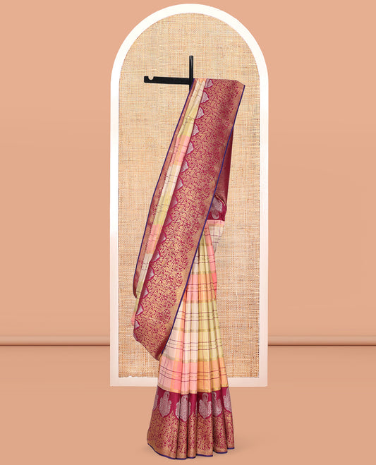 Multi-Color Kanchipuram Designer Silk Saree, Majestically Detailed with Rangkat Zari Checks, Contrast Vanasingaram Border, Jaal Pallu, and a Contrast Blouse