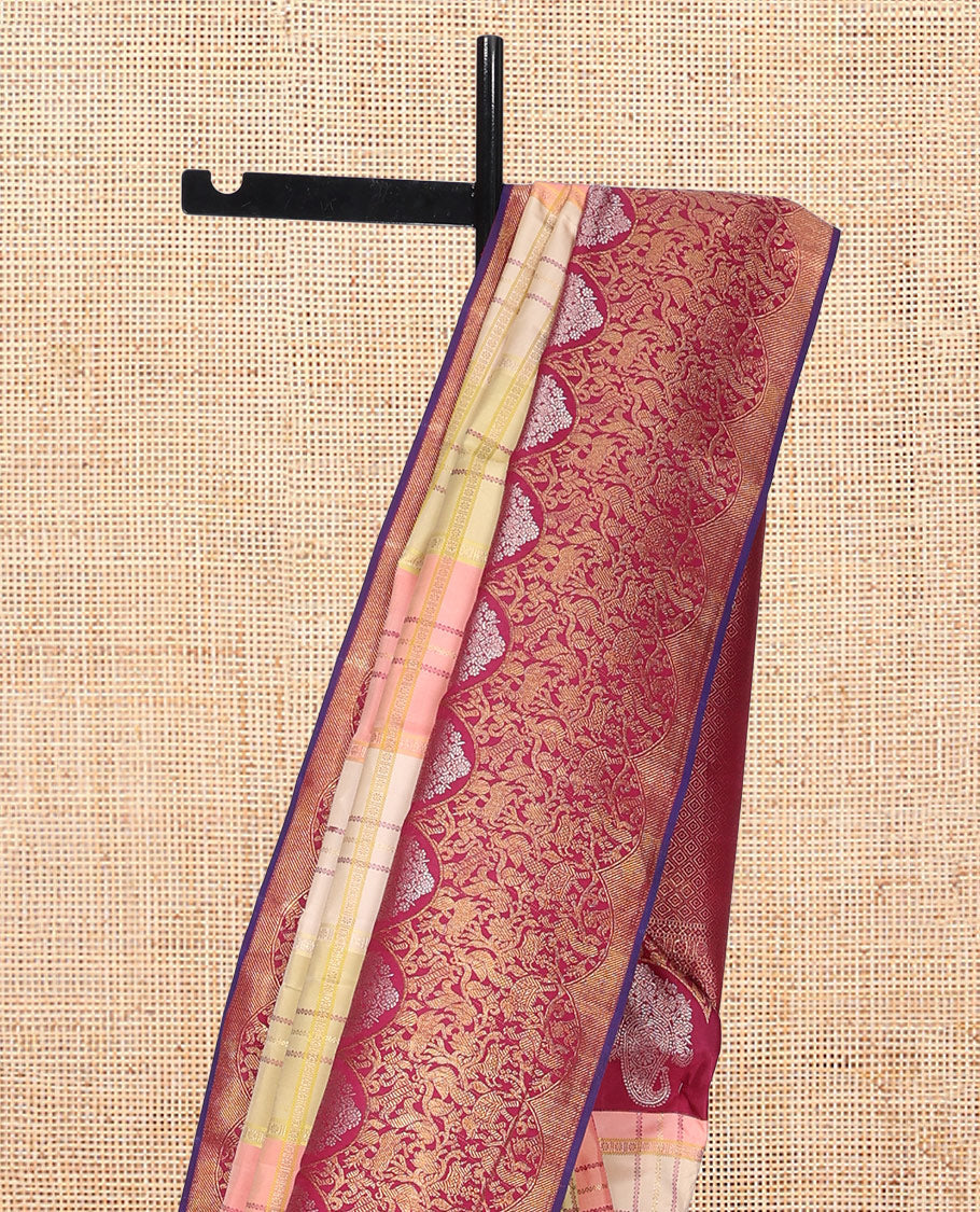 Multi-Color Kanchipuram Designer Silk Saree, Majestically Detailed with Rangkat Zari Checks, Contrast Vanasingaram Border, Jaal Pallu, and a Contrast Blouse