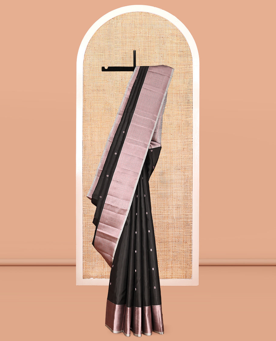 Black Mayil-Chakra Buttas Kanchipuram Silk Saree, a Contrast Intricate Border, Jaal Pallu, Contrast Blouse